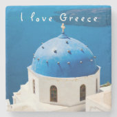 I Liebe Griechenland Kirche Santorini blaues Foto Steinuntersetzer (Vorderseite)