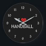 I Liebe Handball Große Wanduhr<br><div class="desc">Ich Liebe Handballwandtür. Weiße Schrift und rotes Herz auf schwarzem Hintergrund.</div>