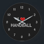 I Liebe Handball Große Wanduhr<br><div class="desc">Ich Liebe Handballwandtür. Weiße Schrift und rotes Herz auf schwarzem Hintergrund.</div>
