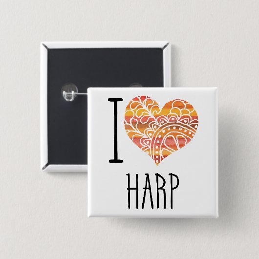 I Liebe Harp Orange Mandala Herz Button (Vorne & Hinten)