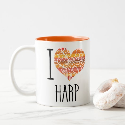 I Liebe Harp Orange Mandala Herz Zweifarbige Tasse (Mit Donut)