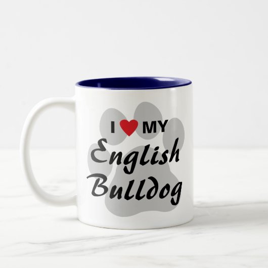 I Liebe (Herz) meine englische Bulldogge Pawprint Zweifarbige Tasse (Links)