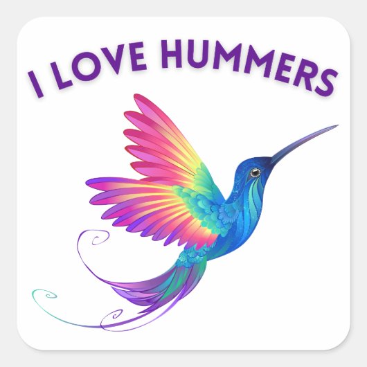 I Liebe Hummers Exotic Rainbow Hummingbird Flying Quadratischer Aufkleber (Vorderseite)