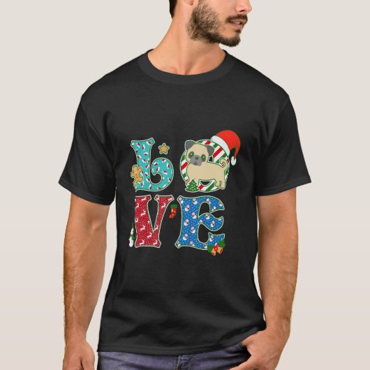 I Liebe Hund Mops Weihnachten T-Shirt (Vorderseite)