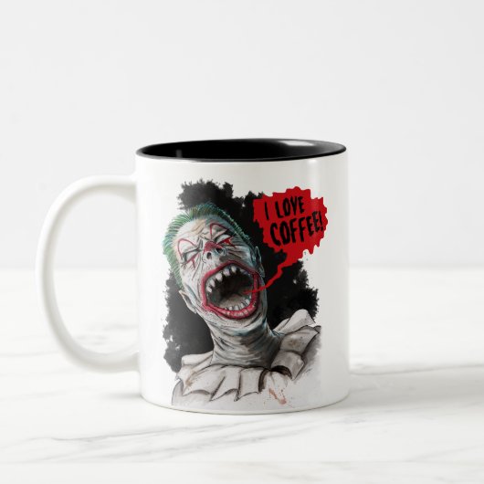 I Liebe-Kaffee-verrückter lachender Zombie-Clown Zweifarbige Tasse (Links)