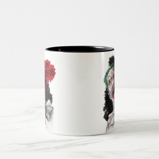 I Liebe-Kaffee-verrückter lachender Zombie-Clown Zweifarbige Tasse (Mittel)
