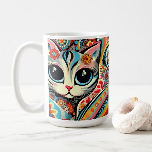 I Liebe Kätzchen Cat Mexican Folk Art Talavera Sty Kaffeetasse (Mit Donut)
