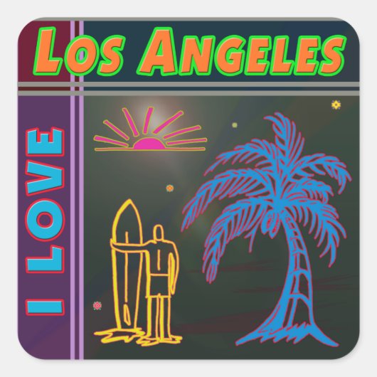 "I LIEBE Los Angeles" Sun, Palm Tree&Surfer Sticke Quadratischer Aufkleber (Vorderseite)