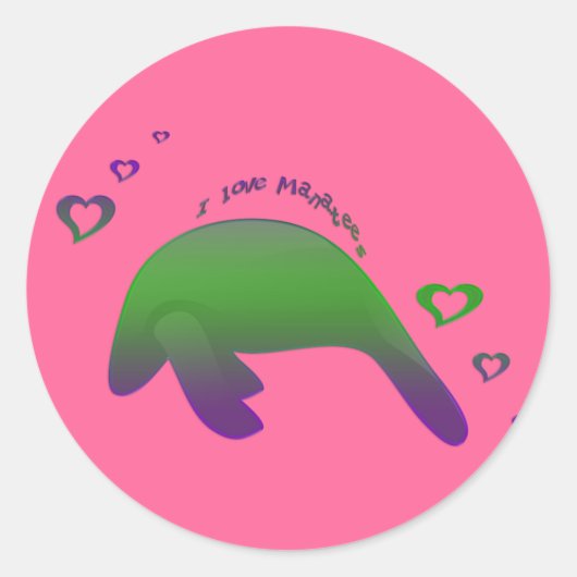 I Liebe Manatees Green Lila Runder Aufkleber (Vorderseite)