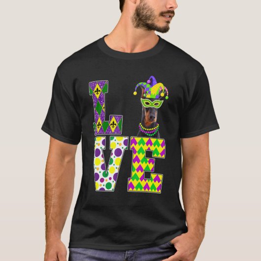 I Liebe Mardi Gras Doberman Dog Mask Festival T-Shirt (Vorderseite)