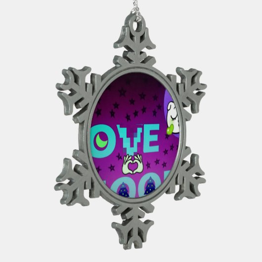 "I Liebe Moon" - Ein skurriler Kunstentwurf Schneeflocken Zinn-Ornament (Links)