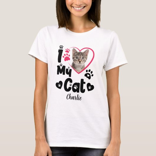 I Liebe My Cat Herz Personalisiertes Foto & Name T-Shirt (Vorderseite)
