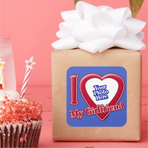 I Liebe My Girlfriend Foto Red Heart D R Blue Quadratischer Aufkleber
