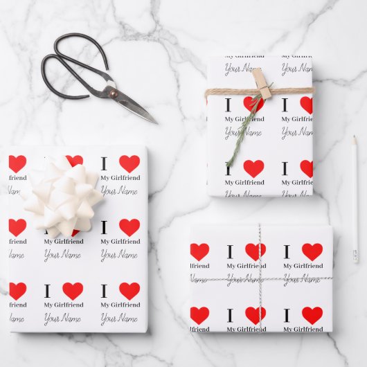 I Liebe My Girlfriend & Red Heart Personalisiert Geschenkpapier Set (Vorderseite)