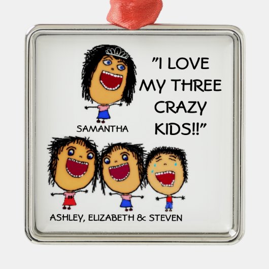 I Liebe My Three Crazy Kids Cartoon Weihnachten Or Silbernes Ornament (Vorne)