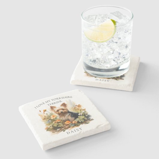 I Liebe My Yorkshire Terrier Floral Dog Portrait Steinuntersetzer (Seitenansicht)