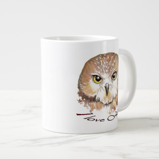 I Liebe Owls, Aquarell Saw Whet Bird, Tier Jumbo-Tasse (Vorderseite Rechts)