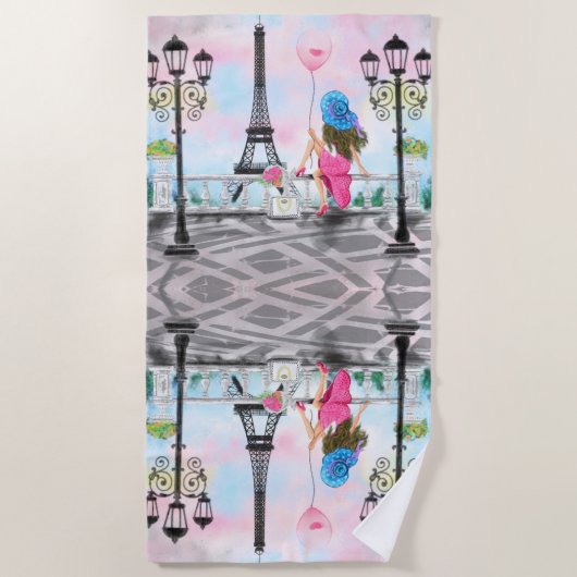 I Liebe Paris - Hübsche Dame mit rosa Herzballon Strandtuch (Vorderseite)