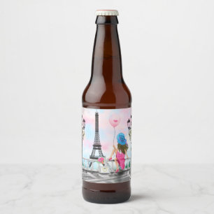 I Liebe Paris - Hübsche Frau und Rosa Herzballon Bierflaschenetikett
