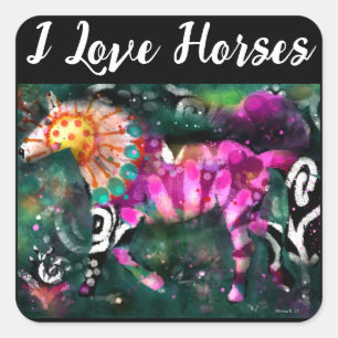 I Liebe Pferde Abstrakte whimsical Horse Malerei Quadratischer Aufkleber