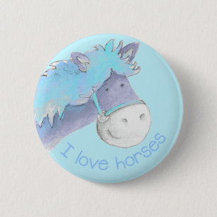 I Liebe Pferde Taste/Abzeichen blau Button