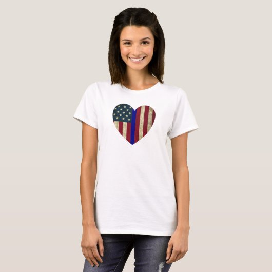 I Liebe Police Thin Blue Line American Heart Flag  T-Shirt (Vorne ganz)