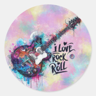 I Liebe Rock'n'Roll Electric Guitar Music Art Blue Runder Aufkleber