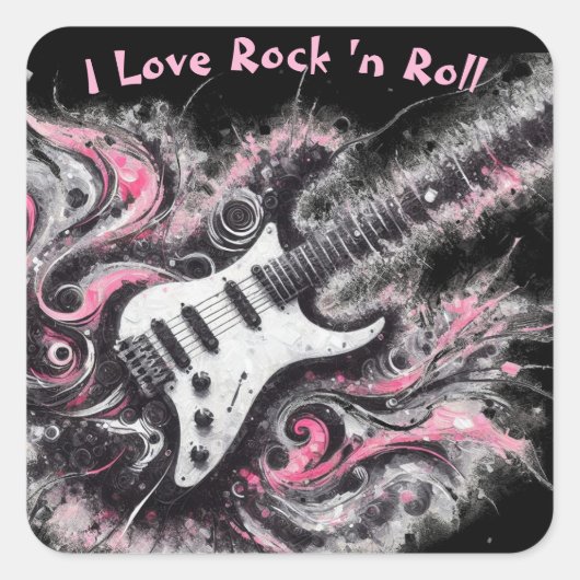 I Liebe Rock'n'Roll Electric Guitar Painting Quadratischer Aufkleber (Vorderseite)