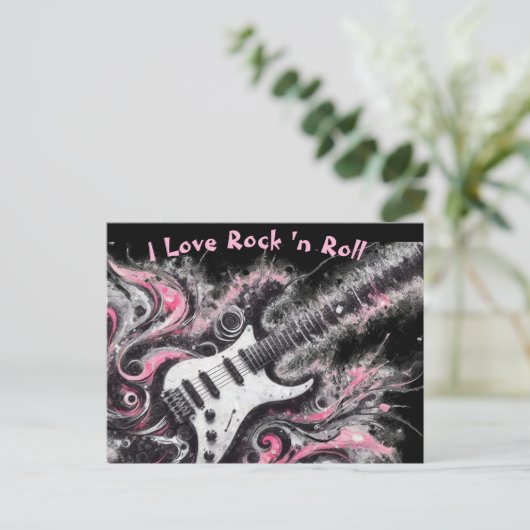 I Liebe Rock'n'Roll Electric Guitar Pink Black Postkarte (Stehend Vorderseite)