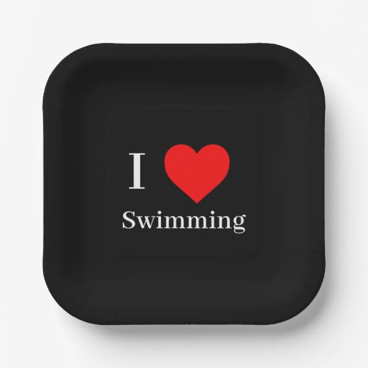 I Liebe Schwimmen Typografie & Rotes Herz Schwarz Pappteller (Vorderseite)
