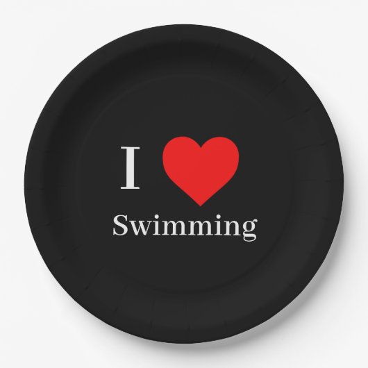I Liebe Schwimmen Typografie & Rotes Herz Schwarz Pappteller (Vorderseite)