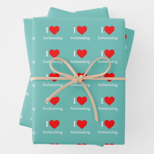 I Liebe Schwimmtypografie & Rotes Herz Minze Grün Geschenkpapier Set