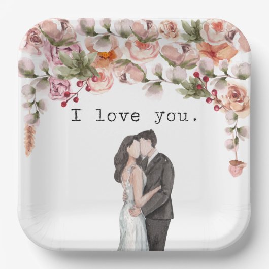 I Liebe Sie Hochzeitsfeier Aquarell elegant floral Pappteller (Vorderseite)