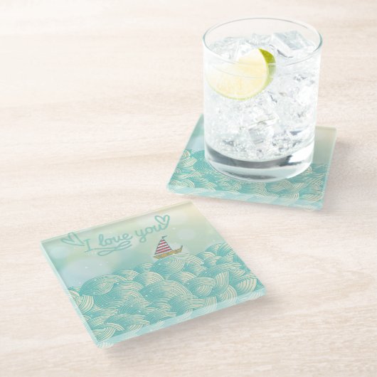 I Liebe Sie Segelboot Glasuntersetzer (Schrägansicht)