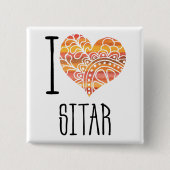 I Liebe Sitar Orange Mandala Herz Button (Vorderseite)