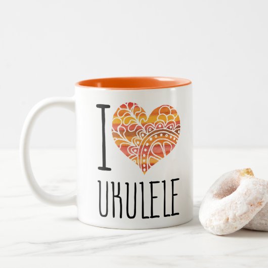I Liebe Ukulele Orange Mandala Herz Zweifarbige Tasse (Mit Donut)