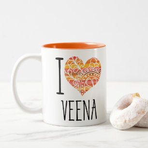 I Liebe Veena Orange Mandala Herz Zweifarbige Tasse