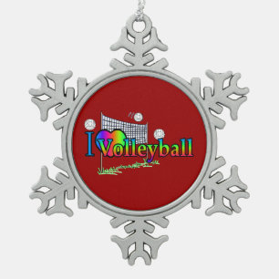 I Liebe Volleyball Schneeflocken Zinn-Ornament