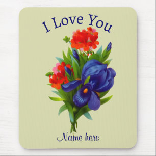 I Liebe You Blue Iris Blume Bouquet Personalisiert Mousepad