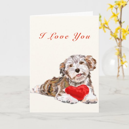 I Liebe You Card Welpe mit Herzgeschenk für Sie Karte (Gelbe Blume)