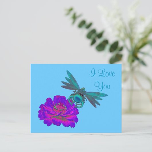 I Liebe You Dragonfly Zinnia Blume Postkarte (Stehend Vorderseite)