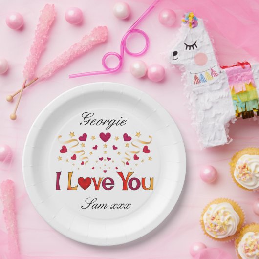 I LIEBE YOU Red Heart Gold Ribbon Valentine Weddin Pappteller (Party)