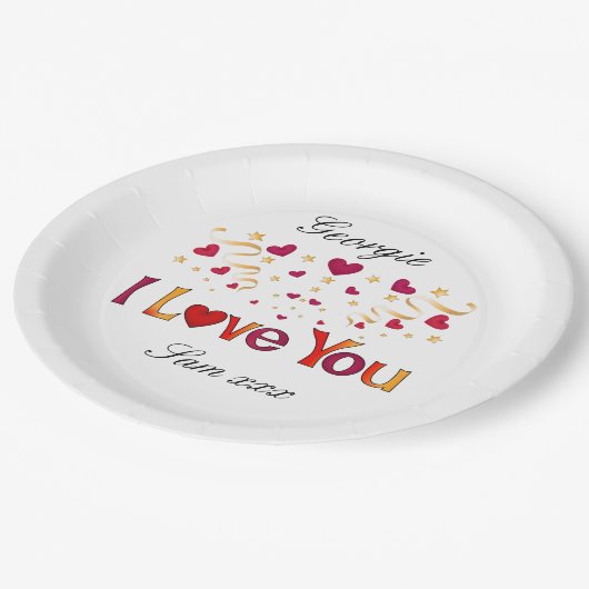 I LIEBE YOU Red Heart Gold Ribbon Valentine Weddin Pappteller (Schrägansicht)