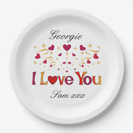 I LIEBE YOU Red Heart Gold Ribbon Valentine Weddin Pappteller