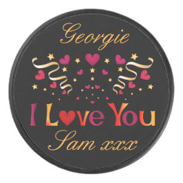 I LIEBE YOU Red Heart Gold Vintag Valentine Black Eishockey Puck