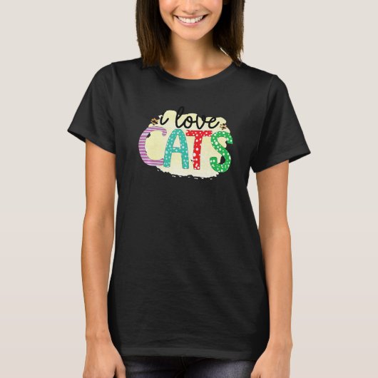 I Love Cats Graphic Patchwork Cat T-Shirt (Vorderseite)