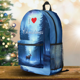 I Love Christmas Blue Winter Reindeer Bedruckter Rucksack
