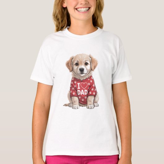 I Love Dad Cute Puppy Dog with Paw Prints T-Shirt (Vorderseite)