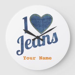 I love Jeans vintage Fashion Design with Seam Hear Große Wanduhr