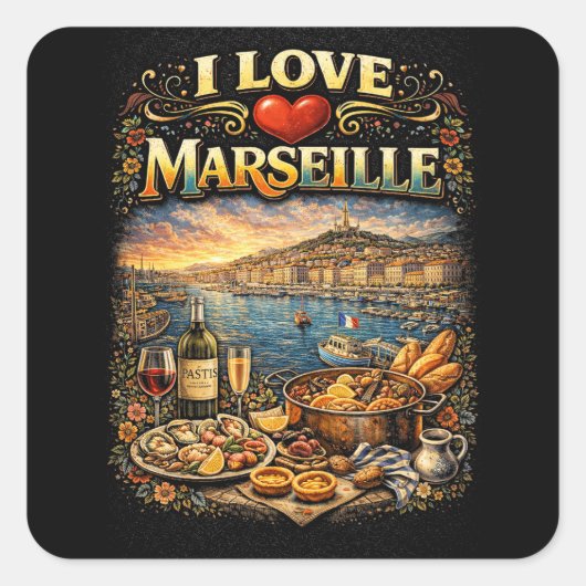 I love Marseille Quadratischer Aufkleber (Vorderseite)